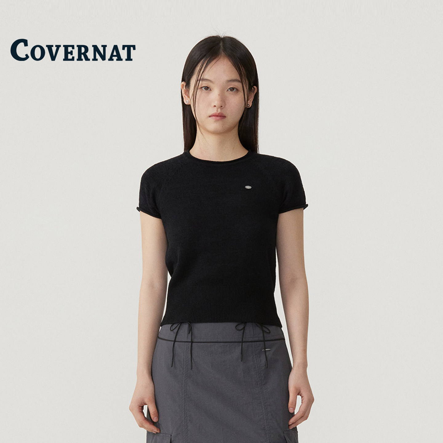 COVERNAT韩国短袖女t恤2025新款夏黑色修身显瘦正肩针织短袖上衣