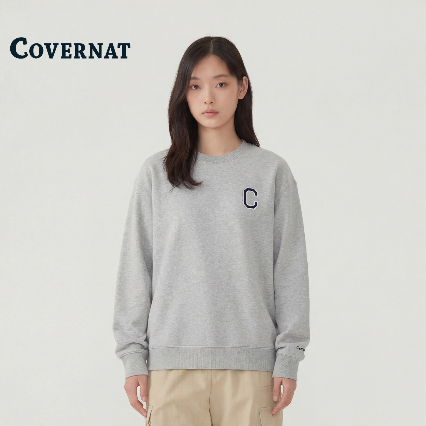 COVERNAT韩国卫衣简约运动风圆领卫衣男宽松长袖字母印花灰色