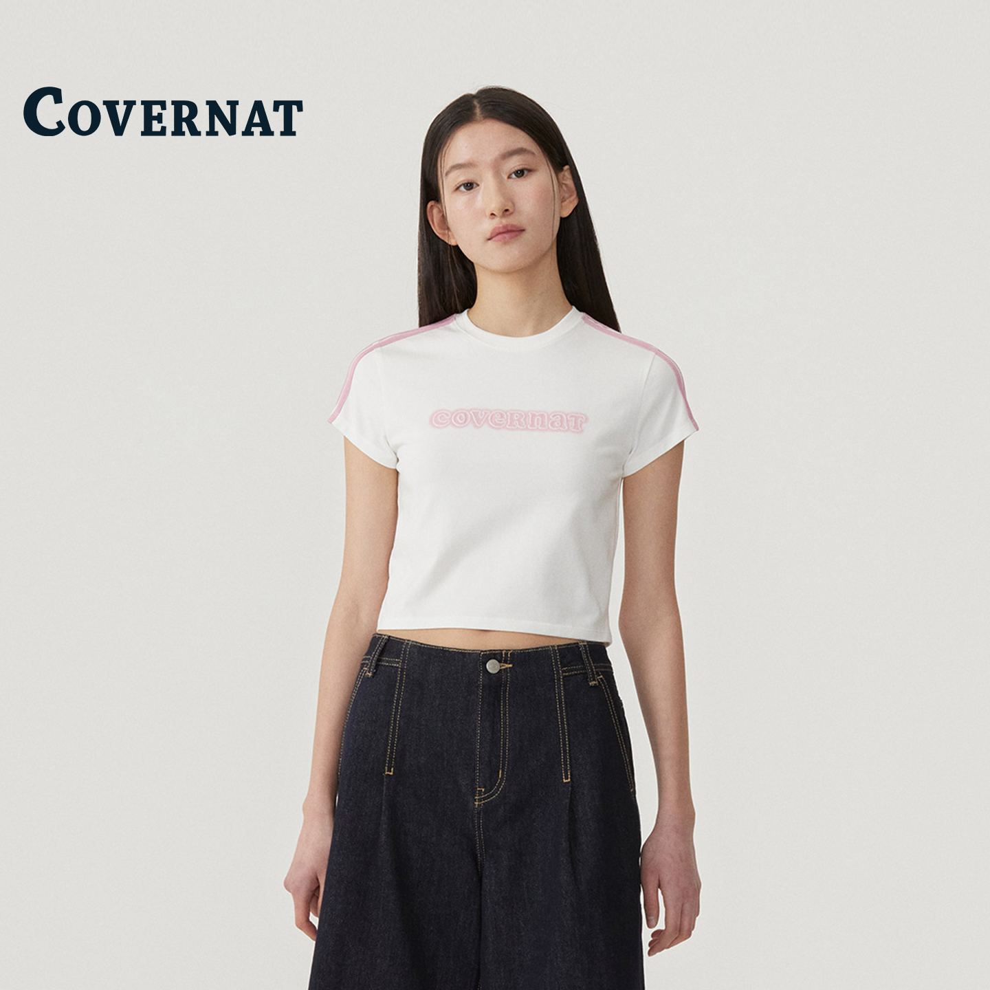 COVERNAT韩系短款女正肩短袖上衣