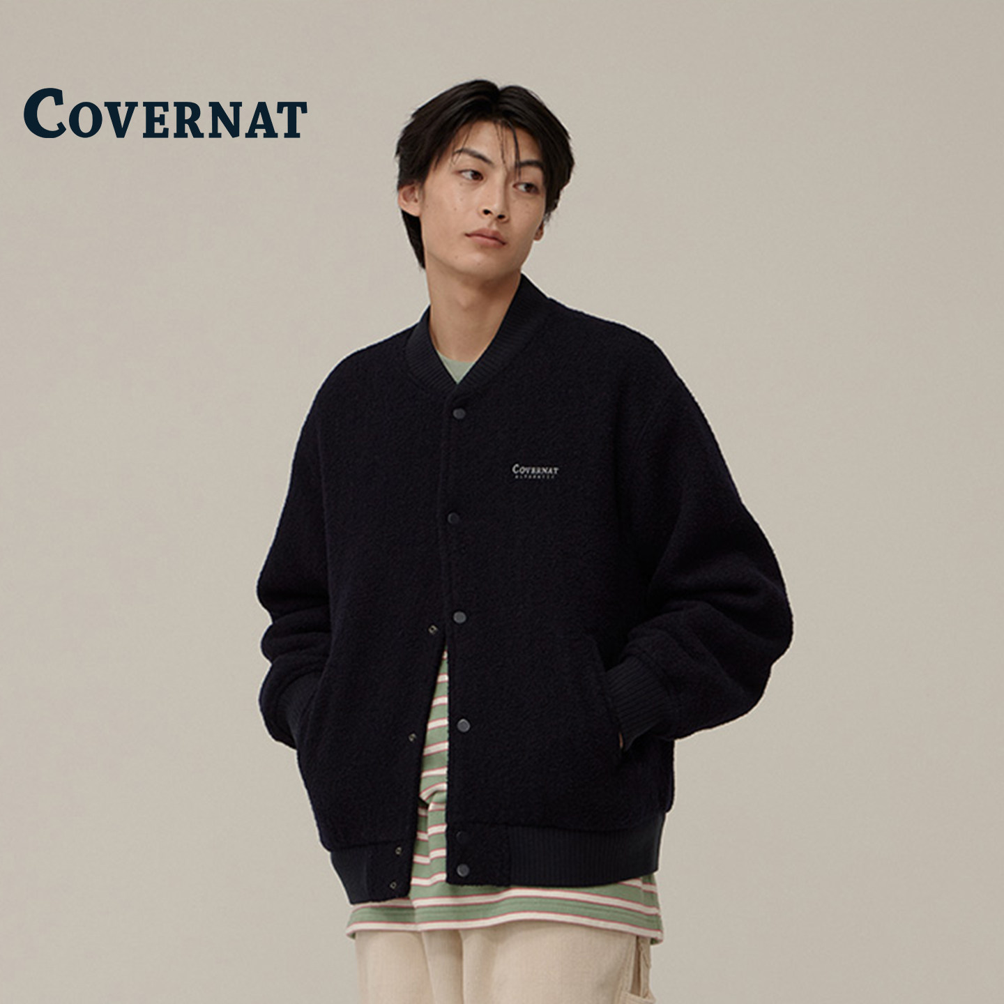 COVERNAT韩国外套轻奢简约休闲夹克男秋冬宽松百搭羊毛外套棒球服