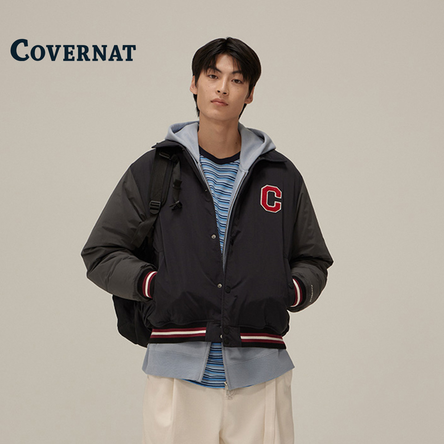 COVERNAT棒球服羽绒服美式复古拼接夹克男生运动休闲潮牌拼色外套