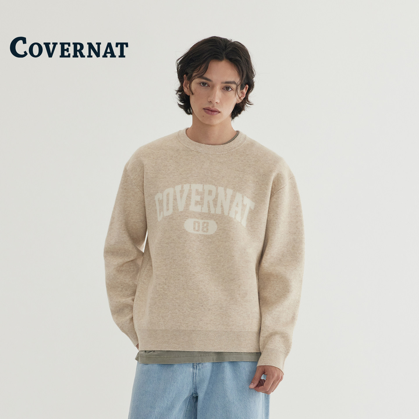 COVERNAT韩国毛衣2025新款男圆领套头衫打底针织衫设计感宽松上衣