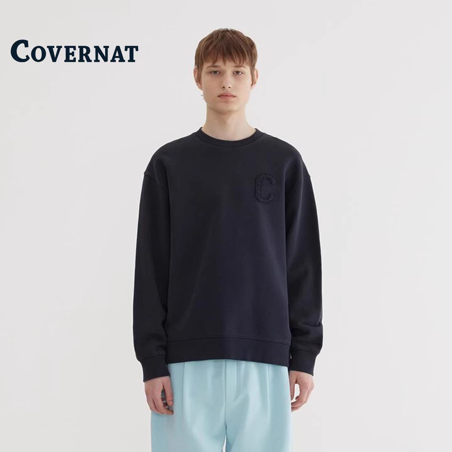 COVERNAT韩国卫衣简约运动风圆领套头卫衣男黑色刺绣logo长袖上衣