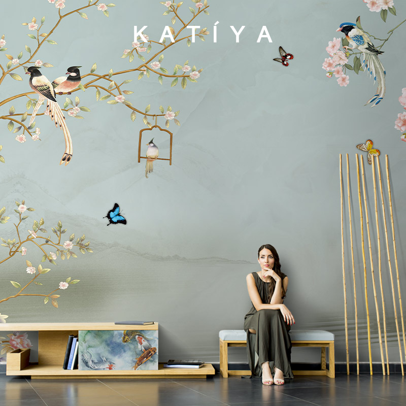 Katiya美式花鸟中式浅蓝色壁纸B电视背景墙沙发墙布客厅餐厅壁画