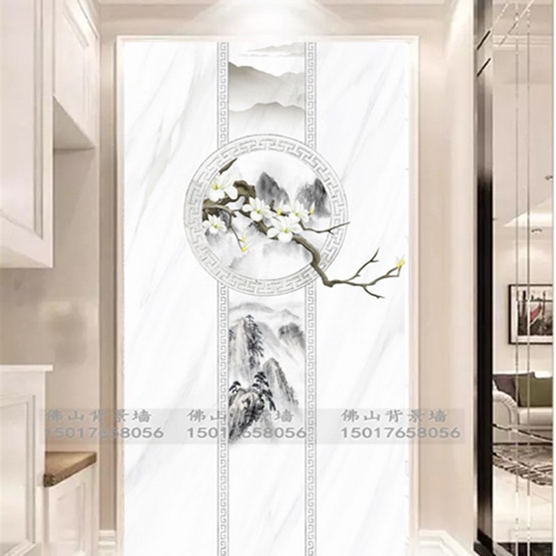 玄关岩板背景墙瓷砖微晶石大理石过道装饰壁画立体简约现代新中式