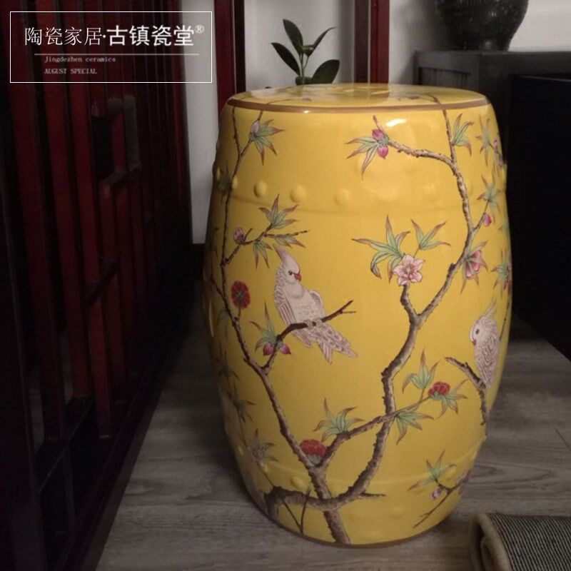 陶瓷鼓凳新中式彩绘鹦鹉美式混搭客厅陶瓷茶几鼓凳梳妆凳换鞋凳
