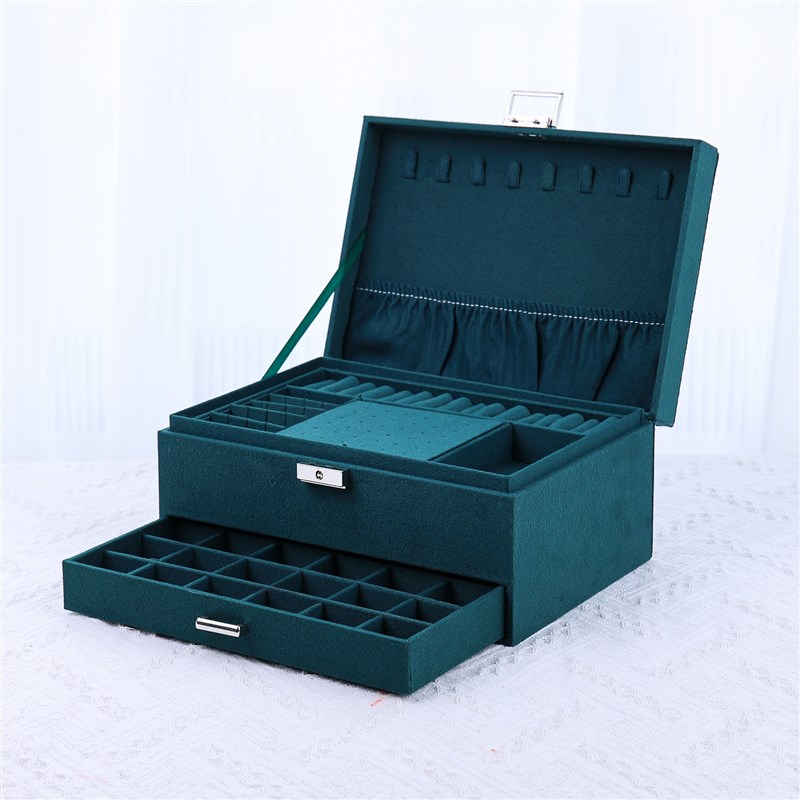 德莱士三层绒布首饰收纳盒墨绿色珠宝箱大容量带盖带镜子首饰盒