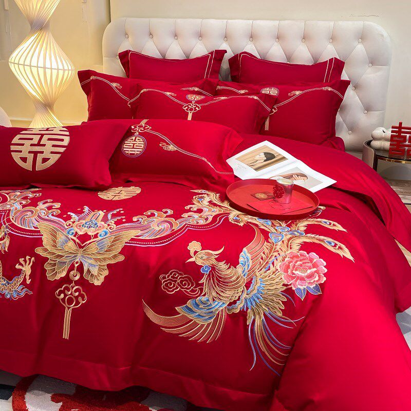 结婚四件套喜庆红色全纯水洗棉磨毛亲肤棉被套新婚庆陪嫁床上用品