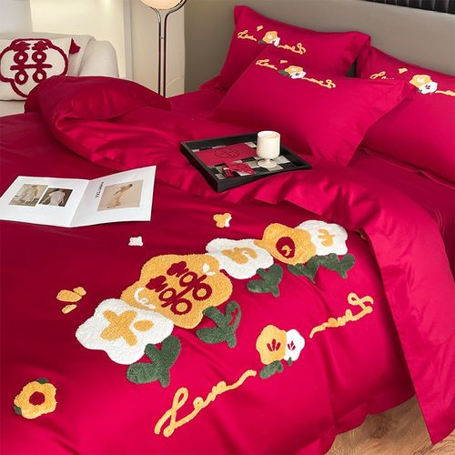 轻奢结婚四件套中式印花高级感红色被套喜庆新婚婚庆陪嫁床上用品