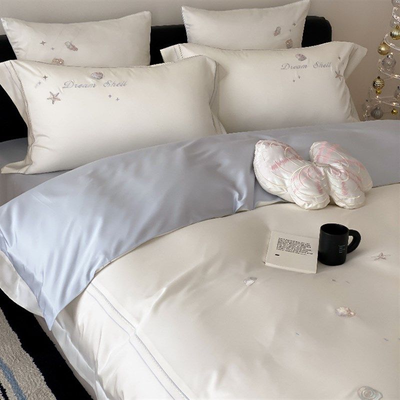 夏季双面莱赛尔天丝四件套冰丝凉感轻奢华简约法式奶油床单被套