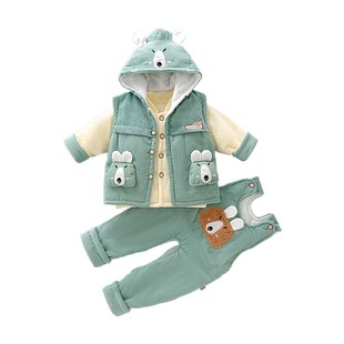 男宝宝秋冬套装卡通马甲三件套新生婴儿冬装棉衣0-1岁外出服棉袄