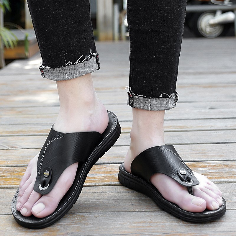 男士夹脚拖个性38码潮流青年外穿拖鞋人字拖发型师皮面拖鞋沙滩鞋