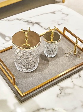 美式简约欧式珍珠皮革铜框收纳托盘 客厅茶几样板房杯具收纳装饰