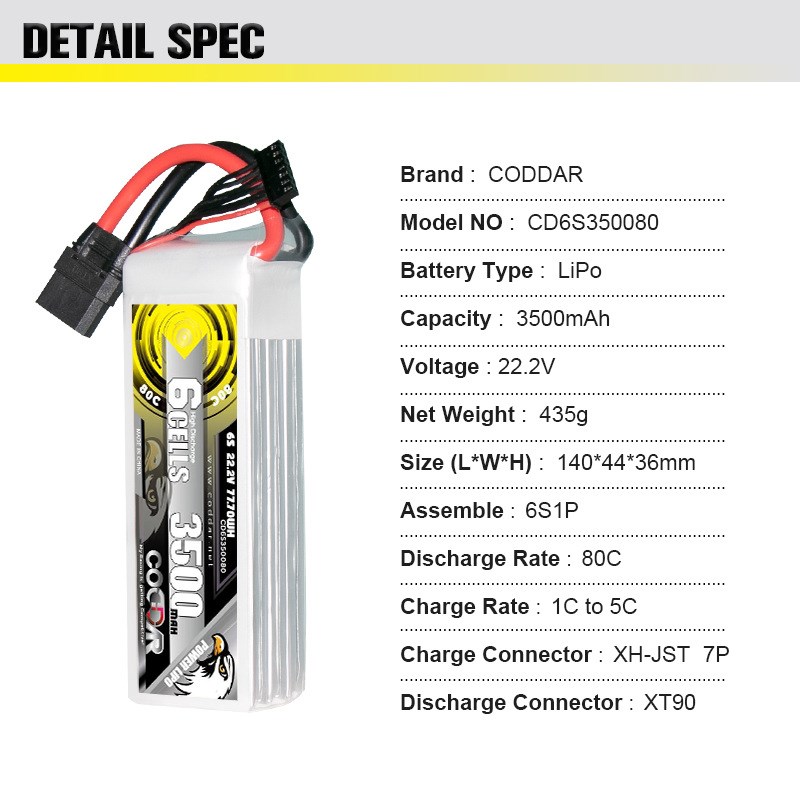 CODDAR鹰氪3500MAH 6S 80C航模穿越机7寸X8固定翼 涵道直升机LIPO