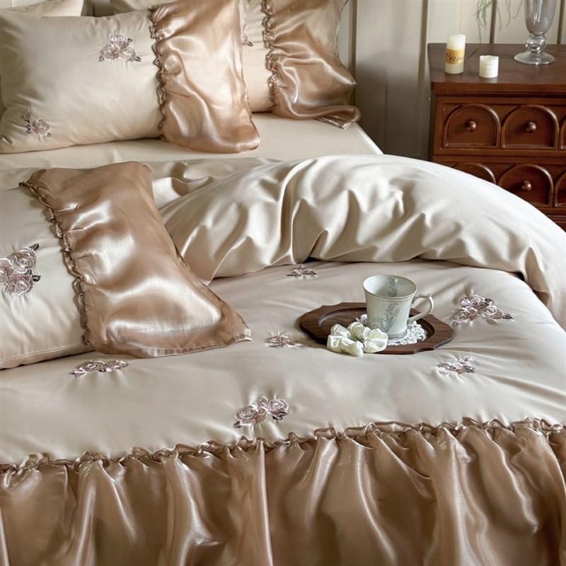 法式轻奢复古100支澳棉玫瑰刺绣蕾丝花边被套床单双人四件套