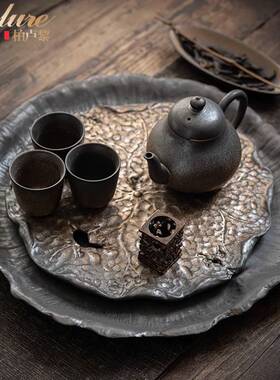 Bylure日式粗陶茶盘禅意圆形干泡盘茶具套装储水排水两用复古茶台