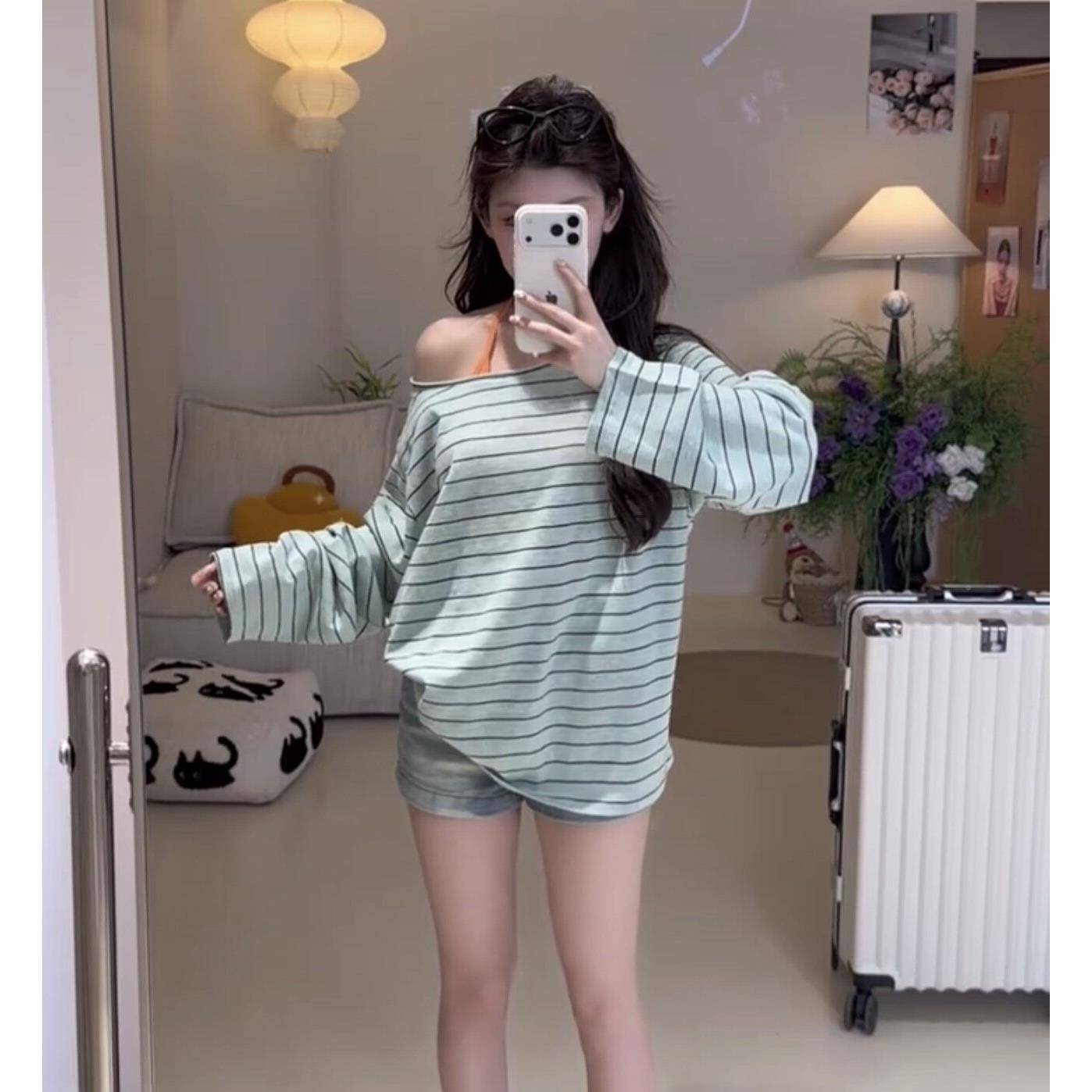 春肩EJD季新款韩版百搭条纹背长袖恤女圆领夏斜露肩挂脖美两件套