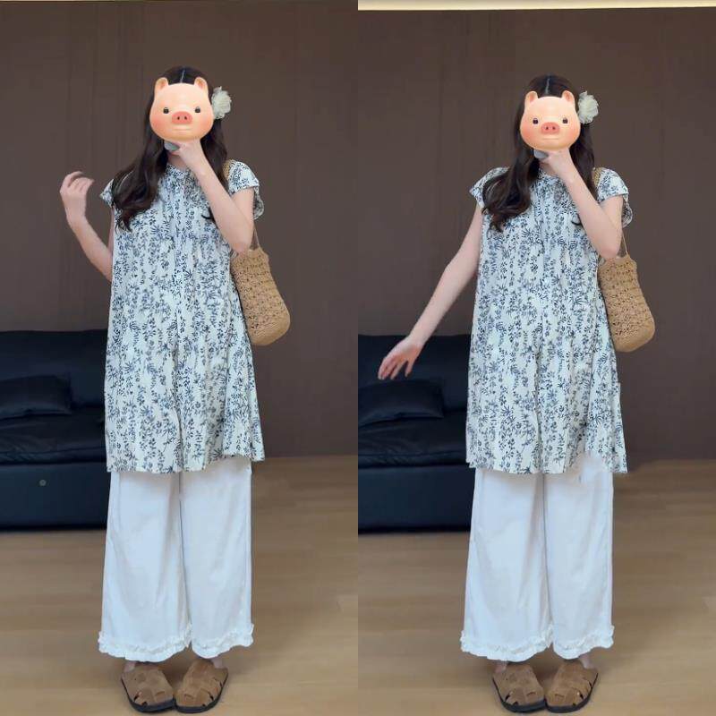 夏设计感孕妇碎花百搭中长款衬衫松宽花装边长05181106季裤两件套