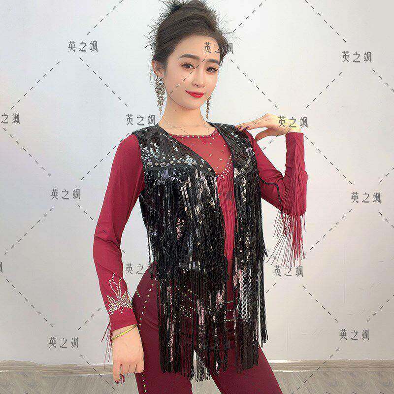 新款广场流9NnMqmZ6苏亮片马夹士跳舞马甲吉特巴无袖衫女外舞搭开