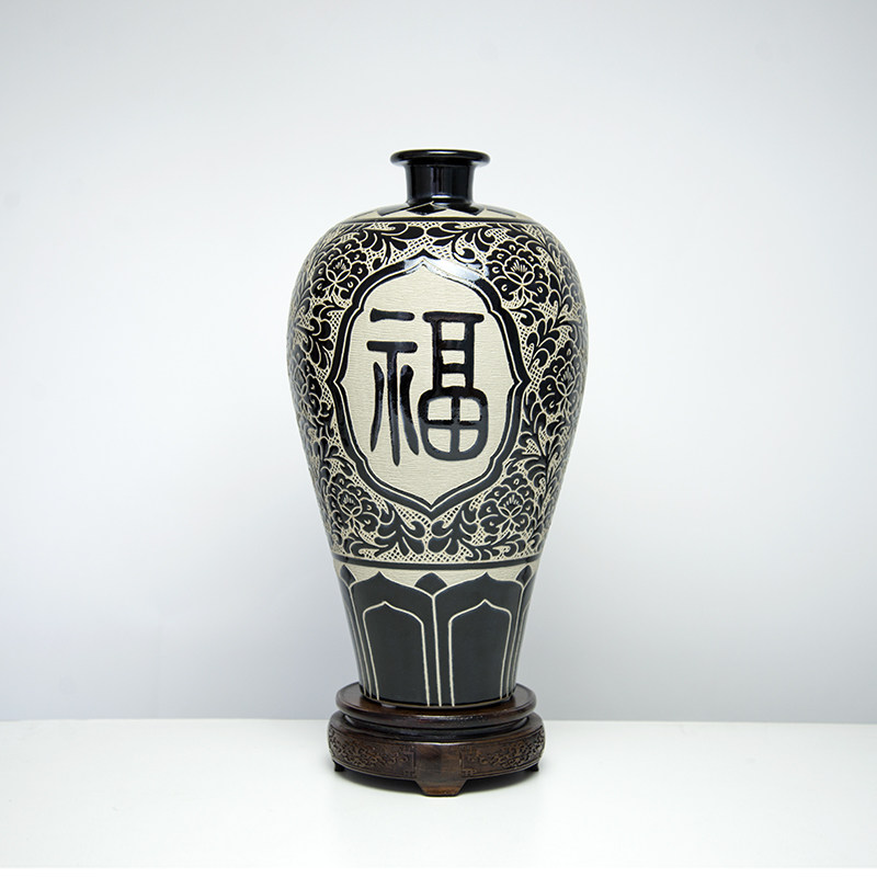 磁州窑福禄寿现代手m绘雕刻工艺品摆件中式桌面家居装饰品客厅花