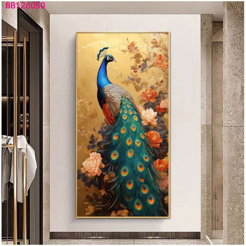 孔雀玄关装饰画牡丹富贵花开新中式挂画酒店走廊过道壁画客厅墙画图片