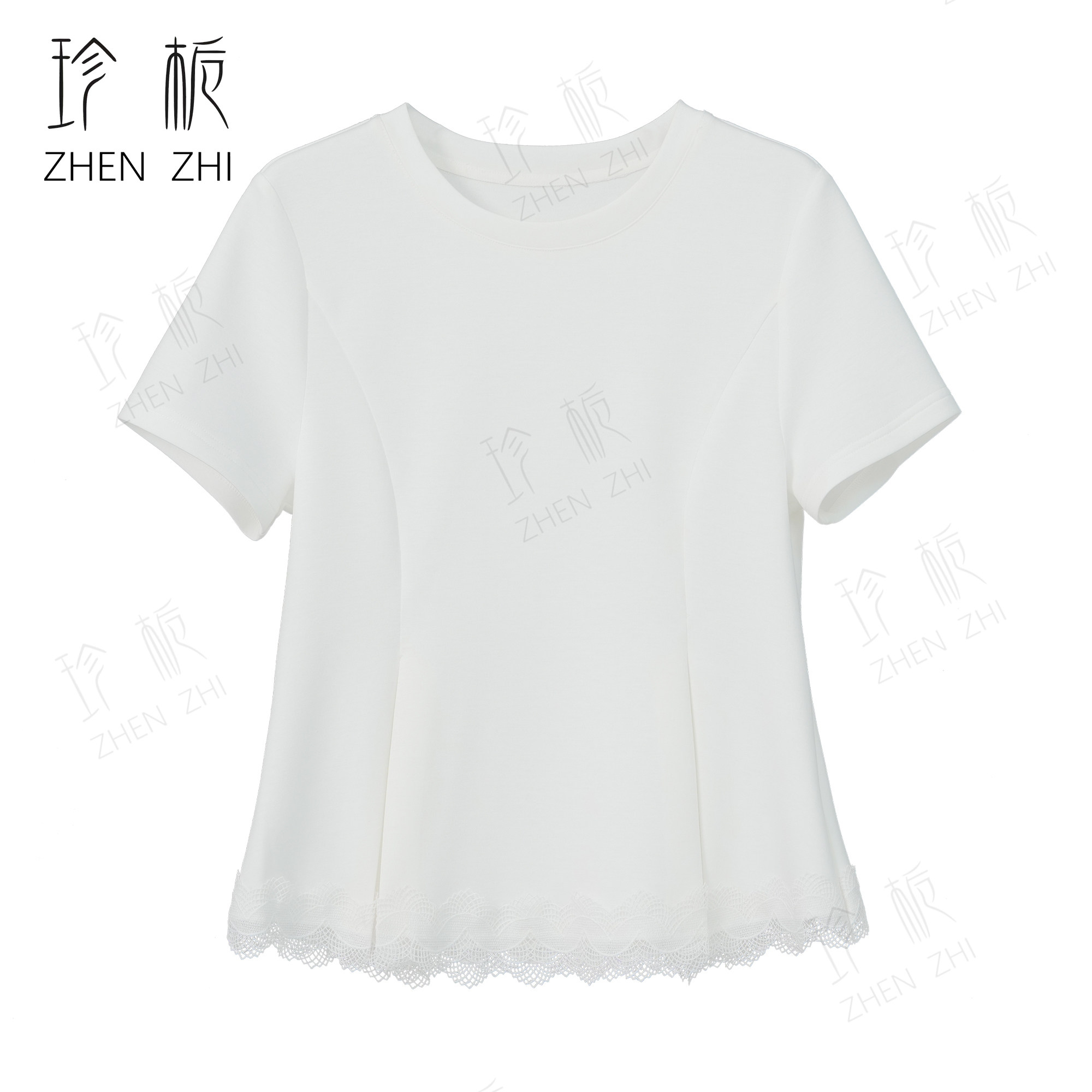夏款极简圆领百搭时尚纯色蕾丝拼接短袖女士打底衫HM1129