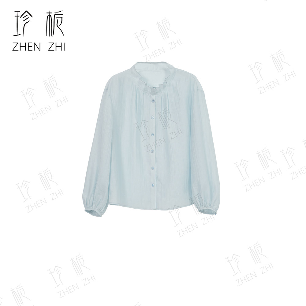 休闲宽松纯色立领长袖衬衫