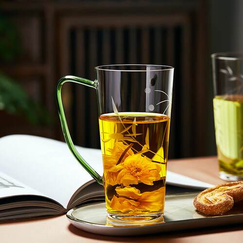 新羽高档绿茶杯手工刻花透明玻璃杯泡茶杯办公Q室喝水杯子个人专