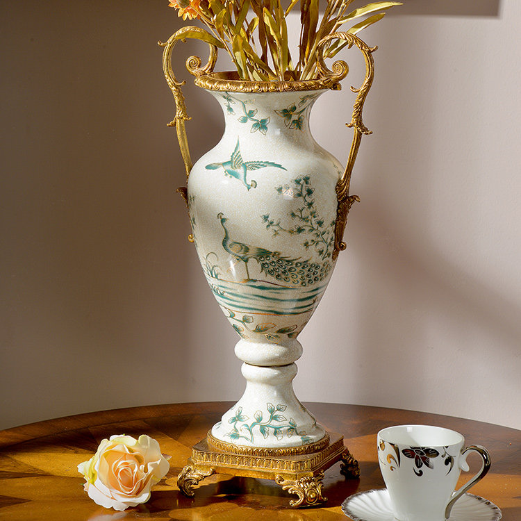 美式欧式客厅门厅玄关家居饰品z软装花瓶花插陶瓷配铜高档奢华摆