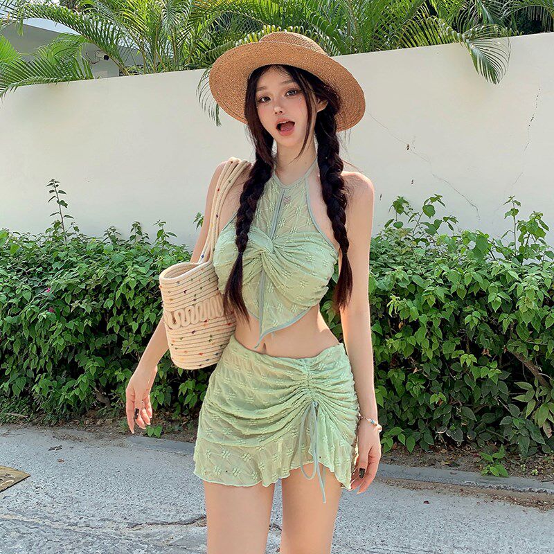 新款韩国奶绿色挂脖抽绳裙式分体三件套H泳衣女辣妹少女沙滩度假