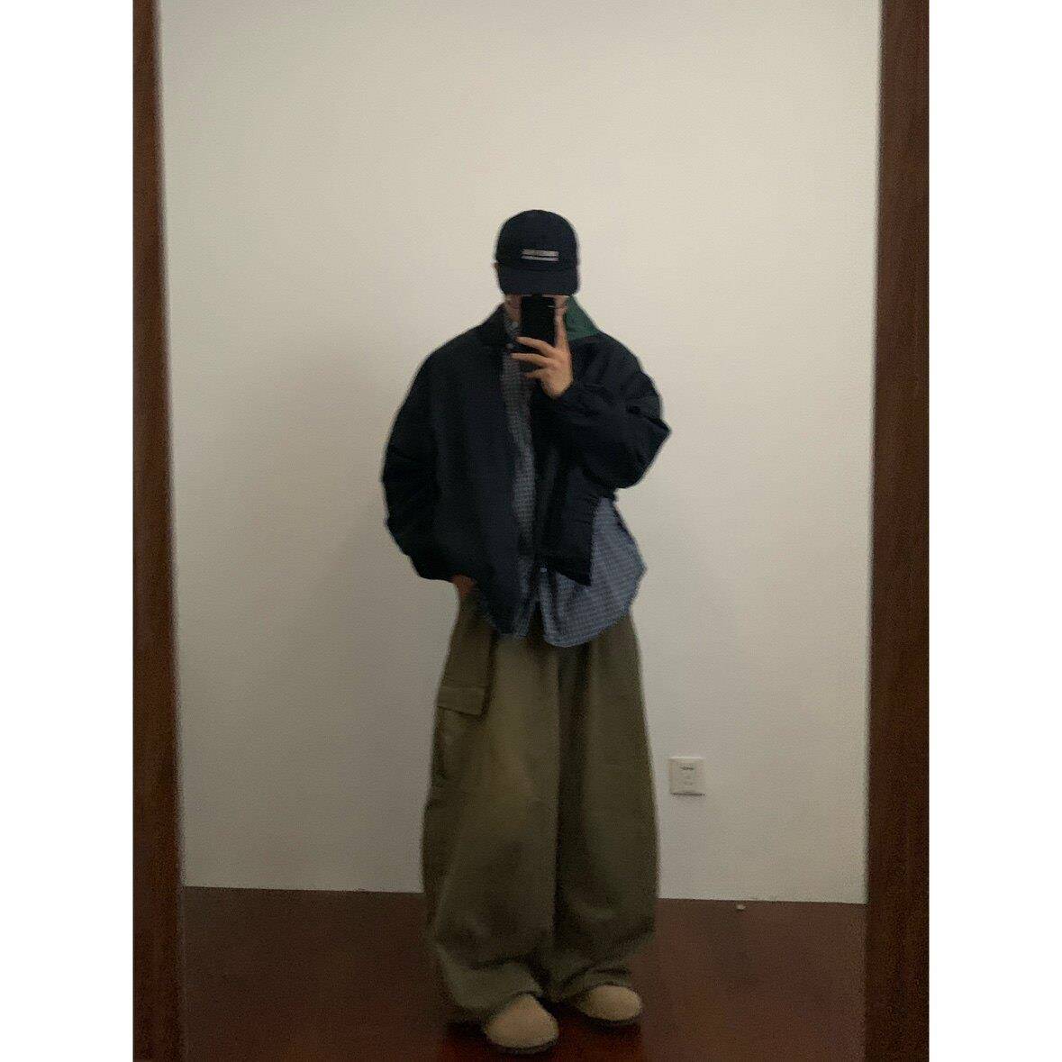 |脚直工装裤日系堆积笼阔腿灯裤纯GZK-01色宽松束长裤秋筒冬男