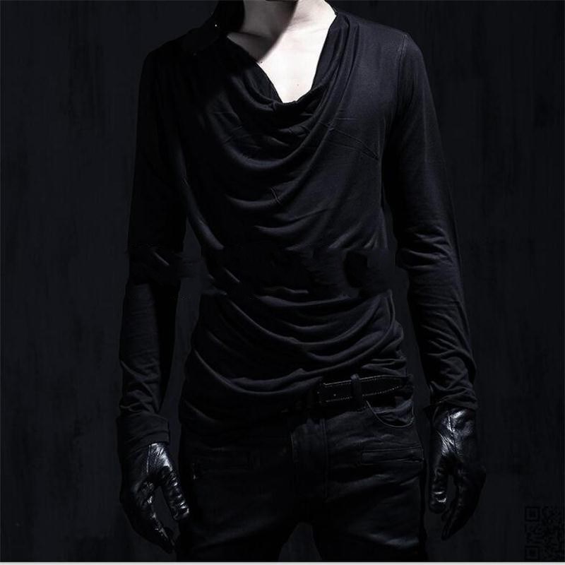 春装新款大码男长袖T恤打底衫潮男韩版垂领褶皱领堆堆领个性体恤