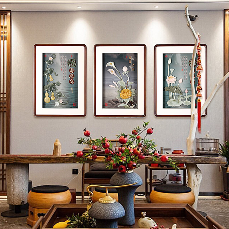 餐厅装饰画现代简约新中式简美饭厅玉雕三连挂画客厅沙发背景墙画
