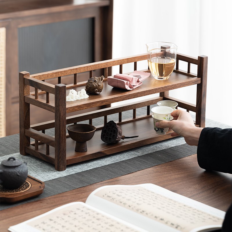 黑胡桃木书桌置物架茶室茶桌茶具多层收纳架摆放实木书架博古架