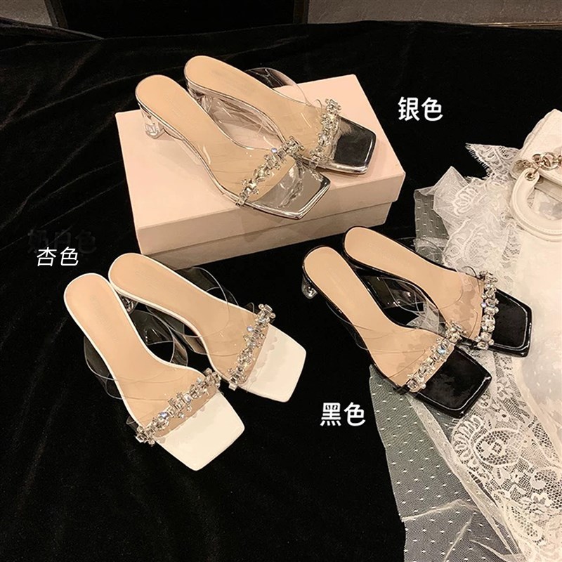 小码拖鞋313233透明水钻高跟粗跟凉鞋女夏外R穿新款时尚夏季34