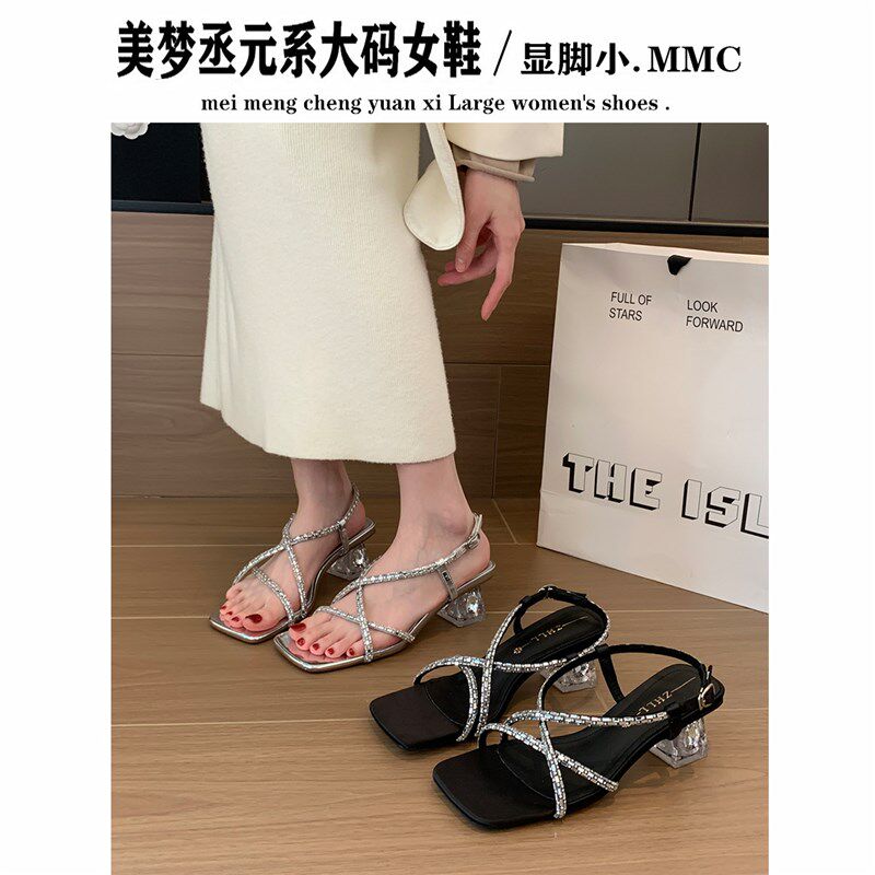 加肥加宽~水钻透明露趾粗跟凉鞋银色水晶高跟鞋胖mPm单鞋大码41-4