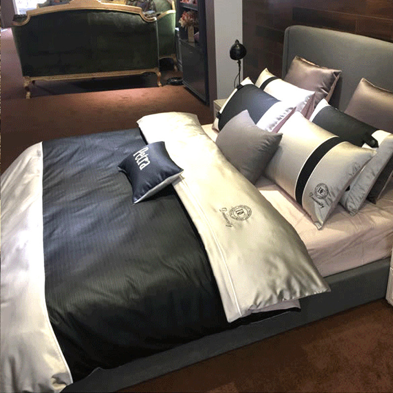 蓝色银灰色男士高级灰奢华四件套全棉酒店床上用品4件套2米