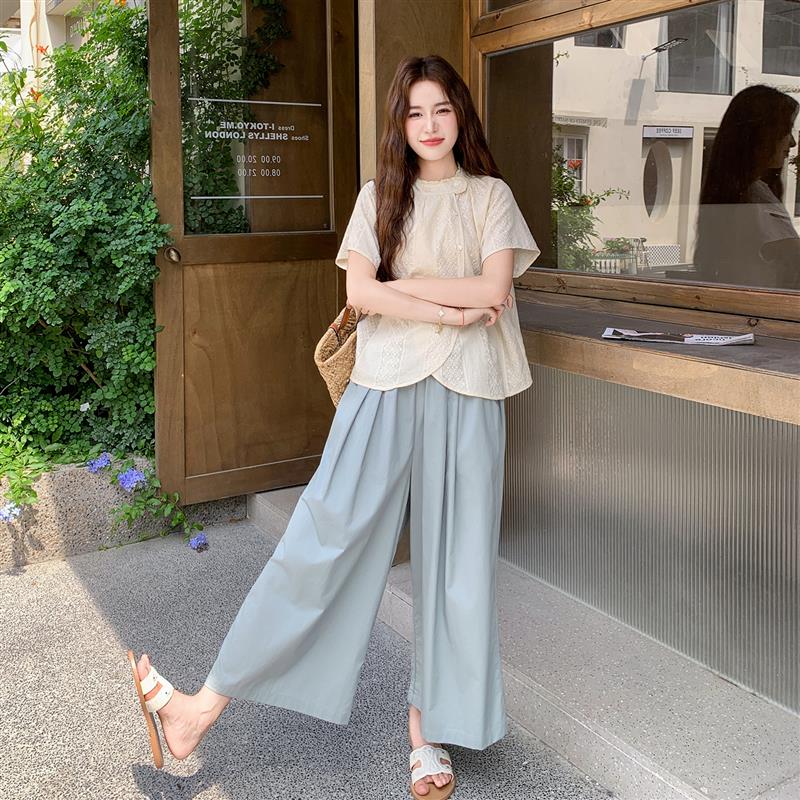法式设计感刺绣衬衫阔腿裤套装女2026夏季L新款超好看小个子两件