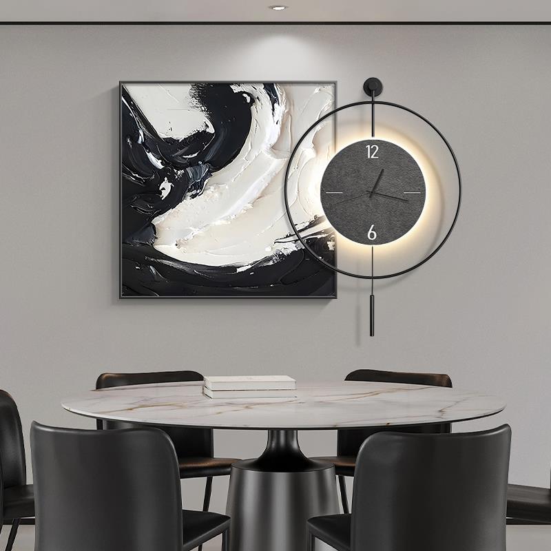 现代简约餐厅装饰挂画带钟表抽象极简饭厅背景墙壁画高级感客厅画