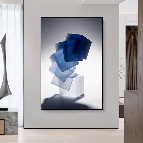 现代简约蓝色抽象入户玄关装饰画玄幻H进门墙面走廊过道尽头挂画