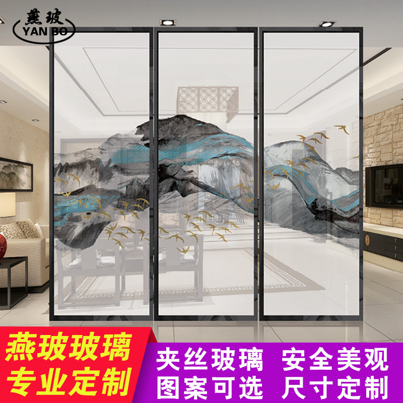 艺术玻璃隔断电i视背景墙客厅屏风隔断夹丝雕花背景墙定制钢化夹