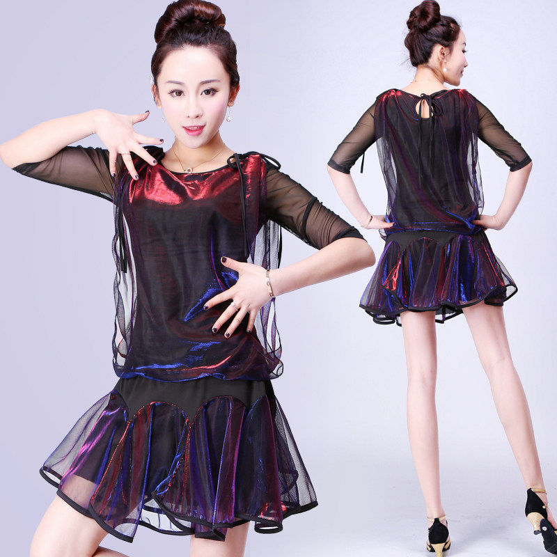 拉丁舞服装女成人幻彩纱春夏舞蹈服装拉丁舞裙练功演W出表演练习