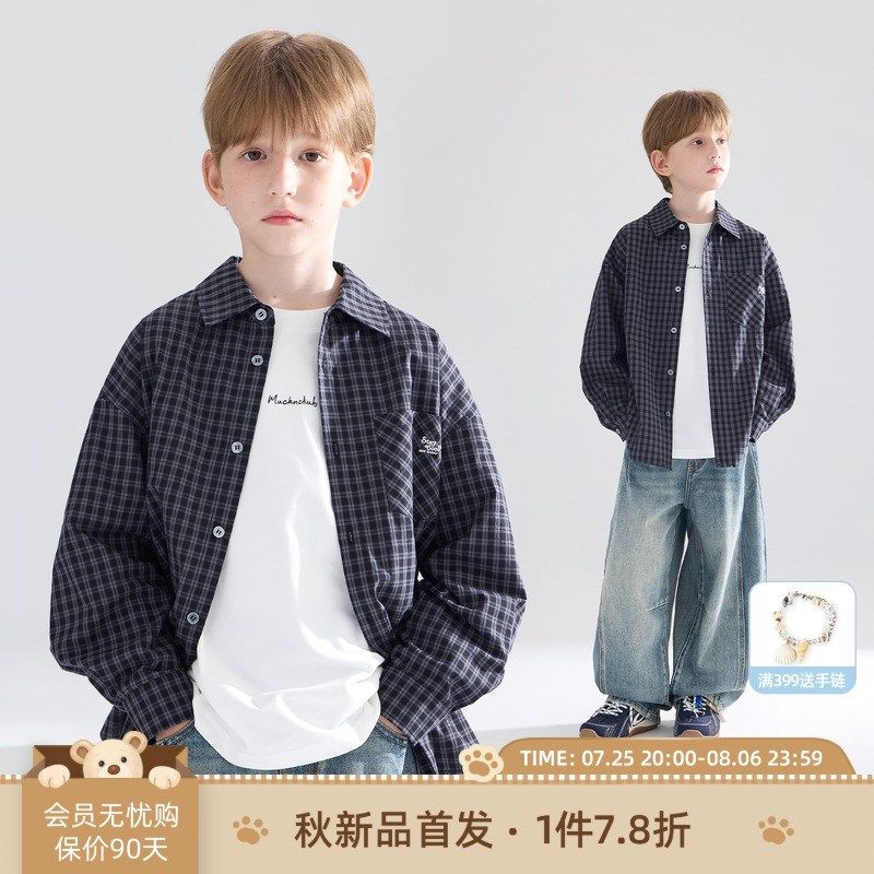 【格调序章】g全棉色织格纹 黑灰格纹学院风衬衫口袋绣花男童秋新