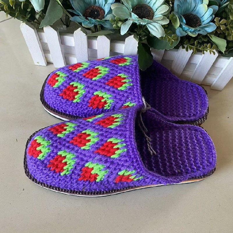 36/37码成人女手工编织居家防滑平底毛线拖鞋成品草莓成品现货冬