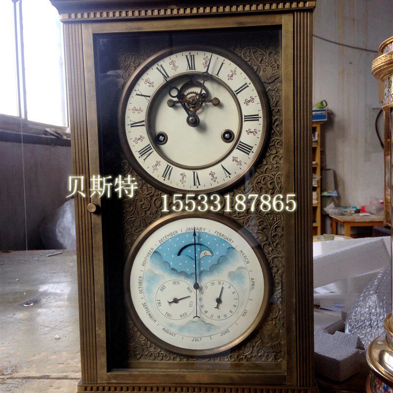 钟表 机械c纯铜座钟 星辰日月 仿古做旧台钟 欧式 样板间电影道具