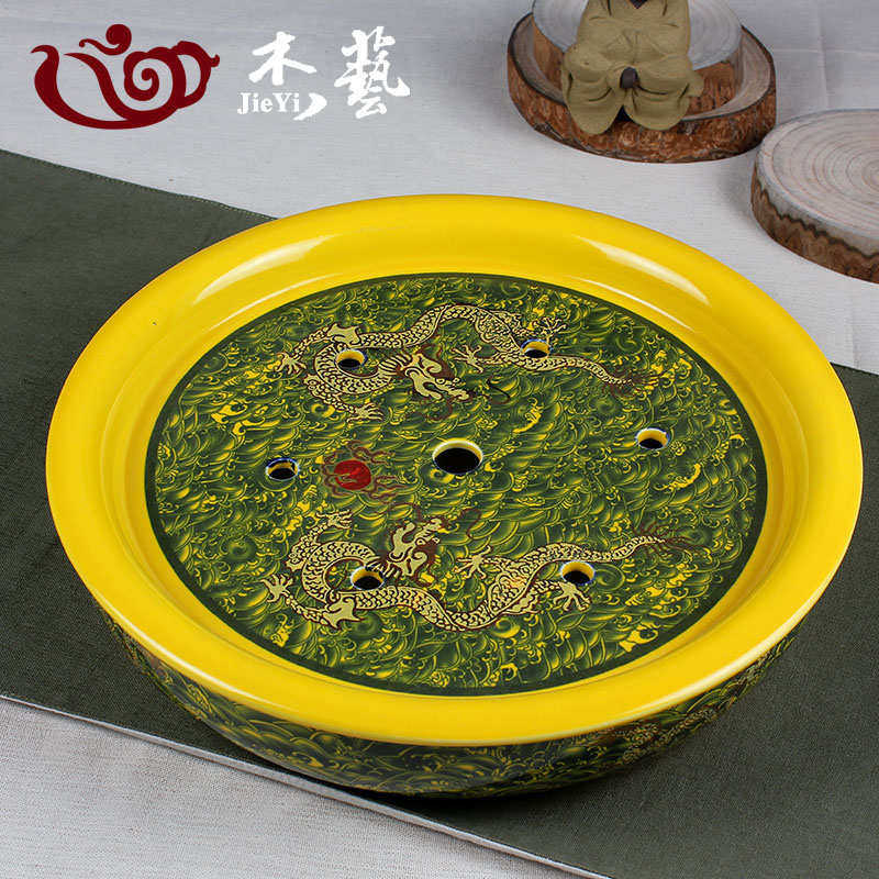青花瓷茶具茶盘茶海双层圆形茶船茶台储水式大号功夫茶托盘茶碗