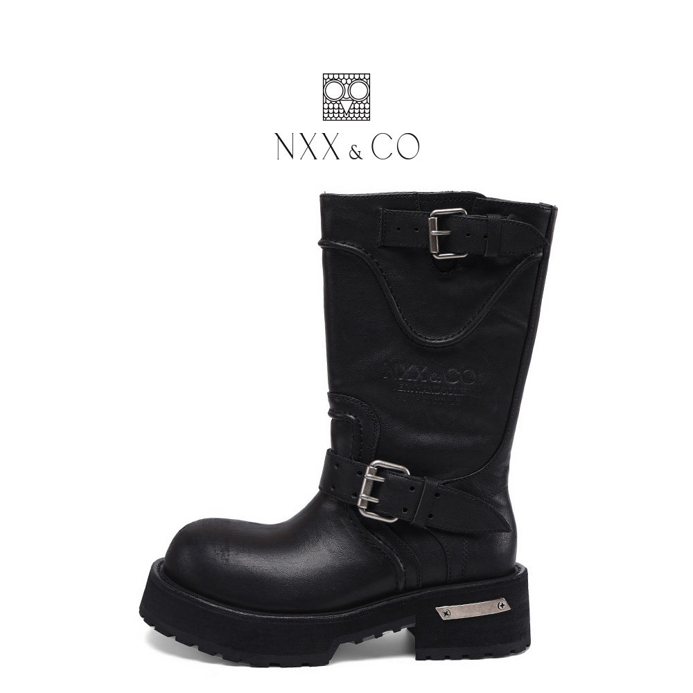 NXX&CO2026年春季新款做旧全皮中筒皮带扣增高厚底时尚女马丁靴