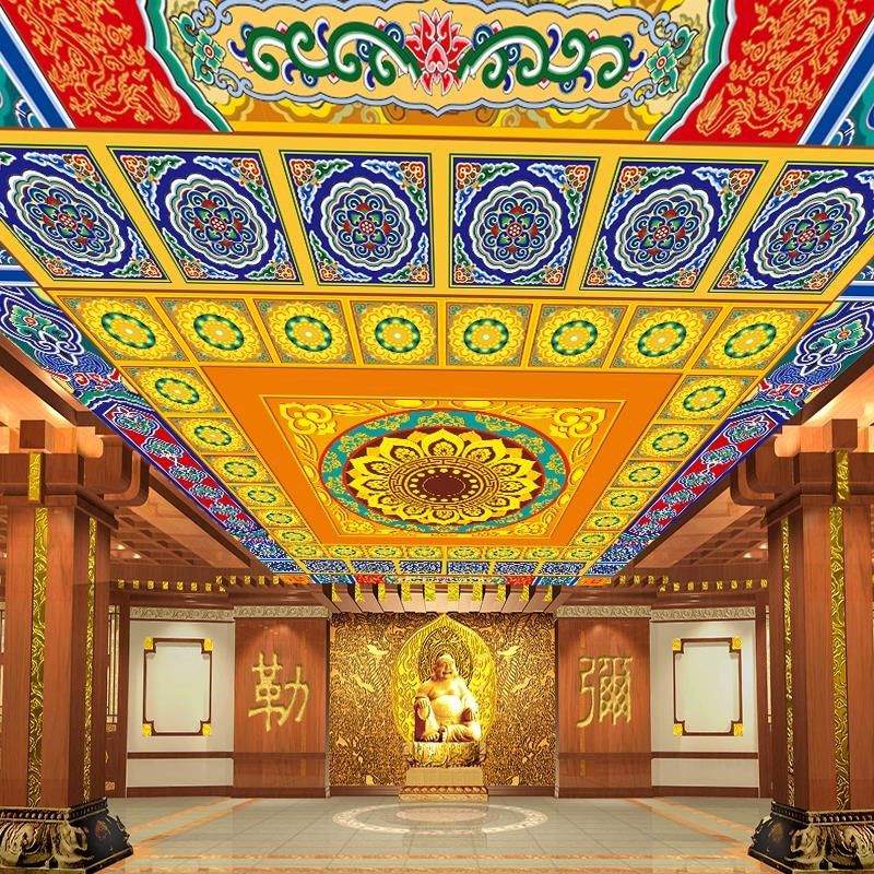 竹木纤维廊柱天花m板吊顶墙板中式酒店壁画彩绘花纹壁画横梁墙板