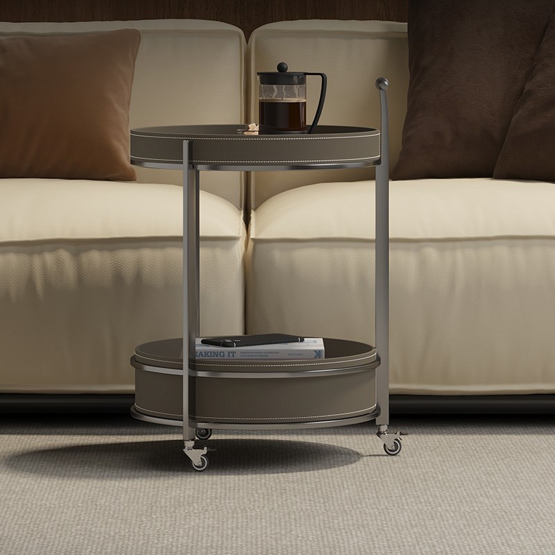 2024新款客厅意式极简圆形黑色马鞍皮沙发边几小推车卧室床边角几