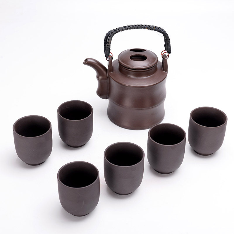 提梁大容c量宜兴紫砂套装泡茶壶6个品茗杯洋桶壶茶杯酒店道具摆件